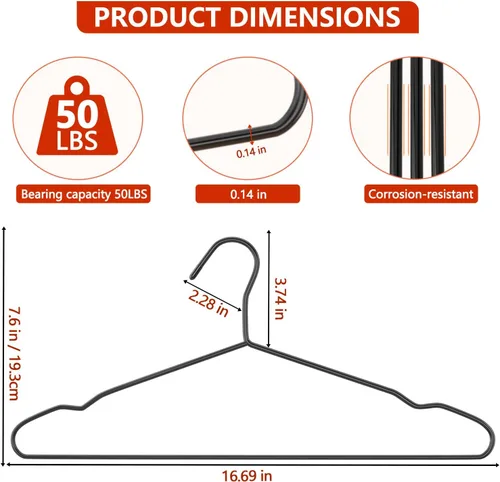 Miniatura 2 de Juego de 40 perchas + 5 clips, perchas de metal negro mate resistentes de 16.69 pulgadas, soporta 50 libras de peso, acabado con recubrimiento