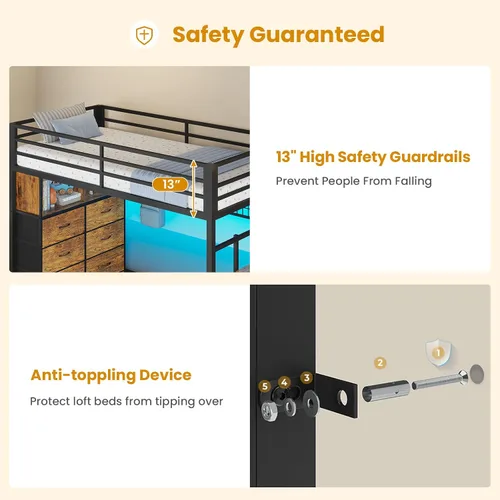 Miniatura 7 de ADORNEVE - Cama tipo loft tamaño individual con escaleras de almacenamiento, 8 cajones, cama tipo loft de metal para niños tamaño individual