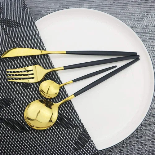 Miniatura 2 de JASHII Black GoldSilverware - Juego de cubiertos de acero inoxidable de 20 piezas con acabado satinado, utensilios de cocina, cubiertos pulidos
