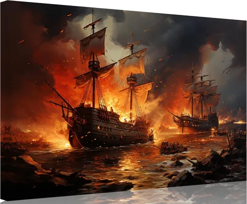 Miniatura 32 de TutuBeer 3 Piezas Arte de Pared Batalla Naval Barco Imagen Barco Pirata Velero Póster Barco Pirata Azul en Llamas Imagen Impresa en Lienzo Póster