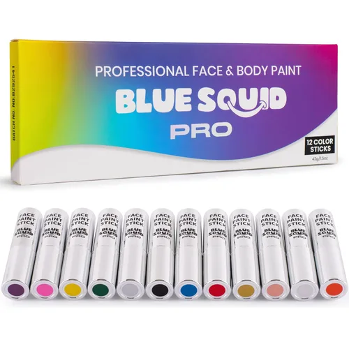 Blue Squid PRO Paquete de 12 colores de barras de pintura facial - Pintura corporal impermeable para adultos y niños, para béisbol, sóftbol, negro