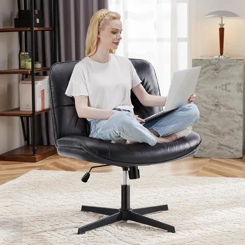Miniatura 8 de OLIXIS Silla Criss Cross con Ruedas Sin Brazos Ancha de Patas Cruzadas Silla de Escritorio de Oficina de Tocador con Cómoda Piel Sintética PU