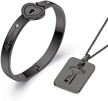 MYNENEY Juego de pulsera con cerradura y llavero para parejas, brazalete de corazón de acero inoxidable para hombres y mujeres, regalo romántico