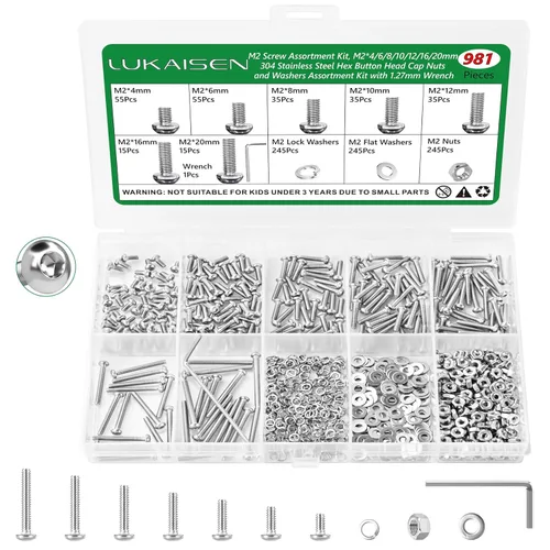 Miniatura 11 de Surtido de 1500 piezas de tornillos, tuercas y arandelas, kit de pernos y tuercas métricos M2 M3 M4 M5 M6 con cabeza hexagonal de casquillo, acero