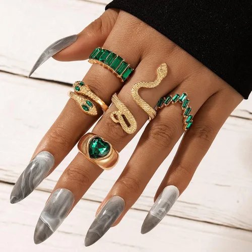 Miniatura 7 de Anillos de serpiente de cristal verde para mujeres y adolescentes, conjuntos de anillos de dedo apilables estilo bohemio, retro, anillos simples a