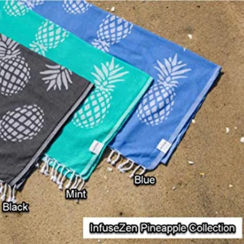 Miniatura 6 de InfuseZen Toalla turca con estampado de piña en un tamaño extragrande, toalla de playa fina Peshtemal o toalla de baño en blanco y negro