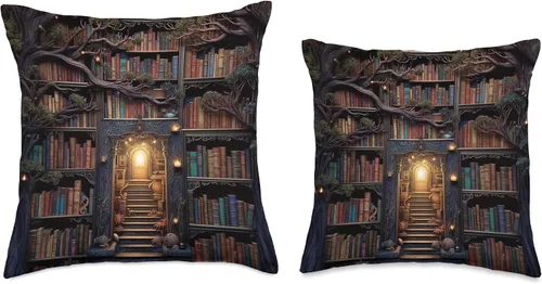 Miniatura 3 de Books Library Reading Book Shelves Bookworm Forest Library - Almohada vintage para libros de lectura, diseño de bosque de biblioteca, 16 x 16