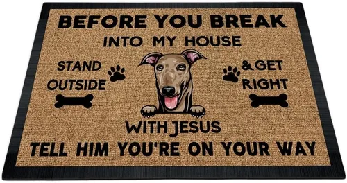 Miniatura 13 de Tapete de puerta con texto en inglés "Before You Break Into My House", tapete de goma para interiores y exteriores, tapete de goma para el suelo
