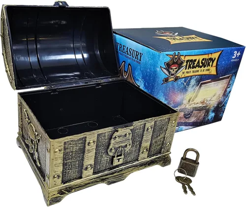 Miniatura 3 de Cofre del tesoro pirata para niños, cofre con revestimiento de bronce vintage con cerradura y llave para juegos de caza, premios de caja pequeña