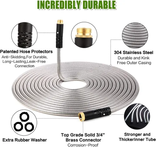 Miniatura 2 de Manguera de jardín de metal flexible de 25 pies, manguera de agua resistente con acero inoxidable 304 duradero y boquilla rociadora de 10 vías