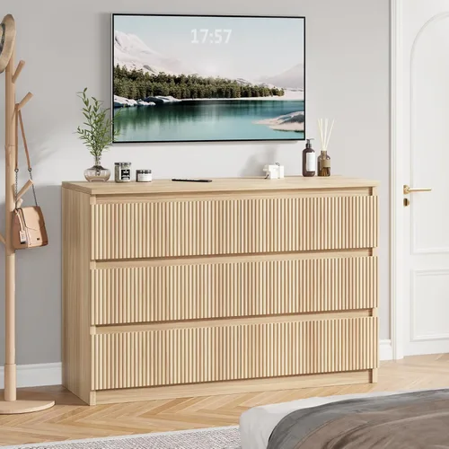 Miniatura 8 de Jocoevol Cómoda de Roble de 6 Cajones para Dormitorio, Cómoda Acanalada Moderna, Cómodas de Dormitorio con Cajones, Cofre Grande de Cajones