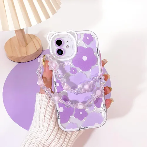 Miniatura 4 de NITITOP Funda compatible con iPhone 11, funda transparente con diseño de oso floral y cadena de pulsera de flores para mujeres y niñas, funda de TPU