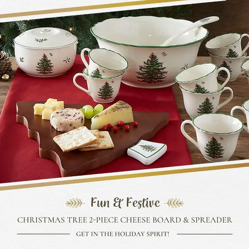 Miniatura 2 de Spode Juego de tabla y esparcidor de queso de árbol de Navidad (2 piezas) - Tabla de servir queso de madera de acacia de 13 pulgadas con esparcidor