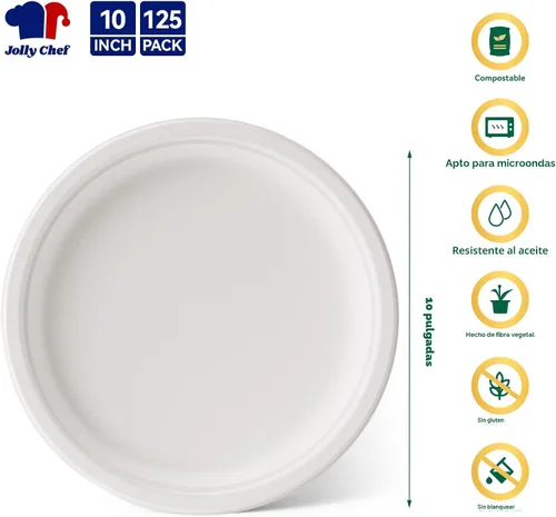 Miniatura 2 de JOLLY CHEF Platos compostables resistentes de 10 pulgadas [paquete de 125] Platos desechables ecológicos blancos hechos de bagazo biodegradables