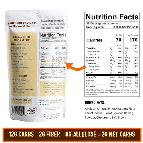 Sweet Logic Mezcla Keto para hornear, pastel de zanahoria, sin gluten, sin lácteos, apta para diabéticos, alta proteína, alulosa, stevia, baja en