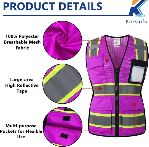 Miniatura 2 de Chaleco de seguridad para mujer con 8 bolsillos y cremallera, chaleco de trabajo de malla reflectante de alta visibilidad para mujer, cumple