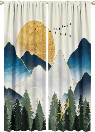 Miniatura 22 de Cortinas opacas con bolsillo para cortinero de montaña forestal, para sala de estar, oscurecimiento de la habitación, estilo japonés, paisaje