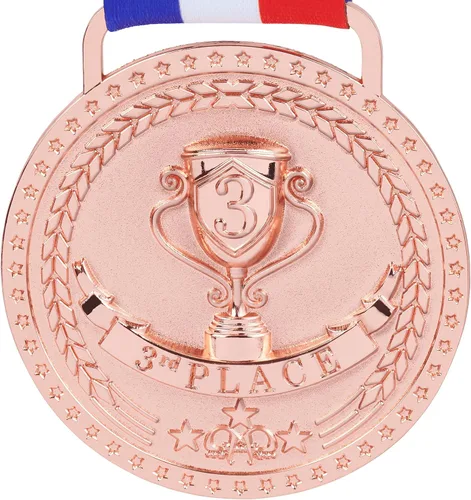 Miniatura 10 de Medallas de bronce dorado y plateado para premios de trofeo del 1er 2º y 3er lugar, acabado brillante o antiguo con cinta de satén roja, blanca