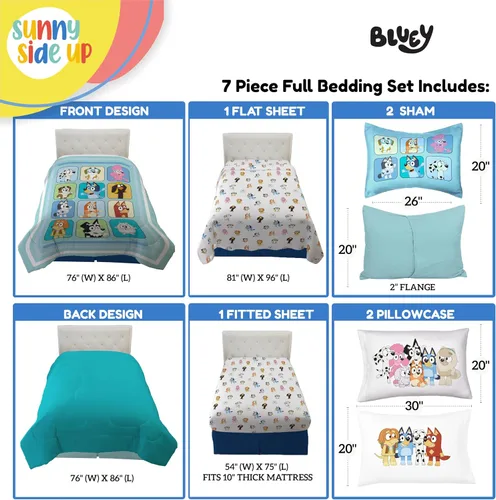 Miniatura 3 de Sunny Side Up Bluey & Friends - Juego de edredón tamaño completo, ropa de cama infantil de 7 piezas, incluye edredón, sábanas y funda de almohada