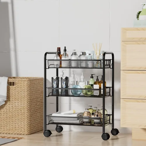Miniatura 5 de OVICAR Carro rodante de 3 niveles de alambre de malla, carrito de almacenamiento de cocina, soporte multifunción para baño, carrito de Negro