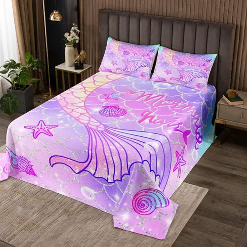 Miniatura 5 de Feelyou Colcha de sirena tamaño individual para niños y niñas, diseño de arco iris, colorido, cola de sirena, juego de ropa de cama impresa, lindo