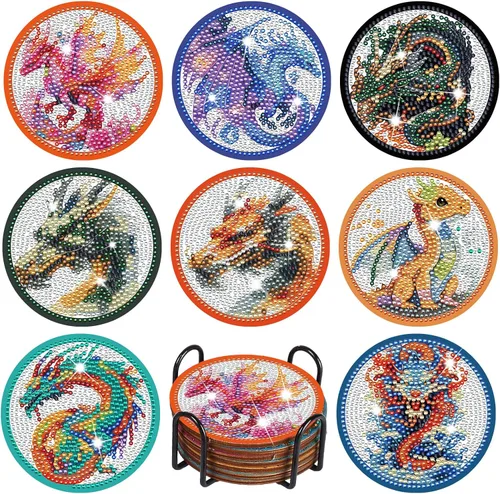 Miniatura 9 de FOWSEEK Posavasos de Pintura de Diamantes, 8 PCS Posavasos de Arte de Diamante de Gato con Soporte, Lindos Kits de Pintura de Diamantes para Adultos