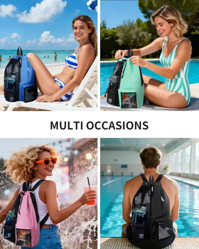 Miniatura 7 de WANDF Mochila de Malla con Cordón para Natación, con Bolsillo para Artículos Húmedos, para Natación, Gimnasio y Equipo de Entrenamiento Rojo