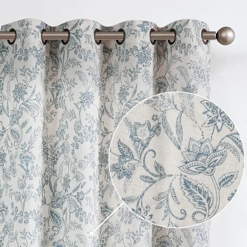 Vangao Cortinas de lino floral azul para dormitorio, 63 pulgadas de largo, cortinas de granja para sala de estar, estampado vintage, filtrante de