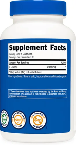 Miniatura 5 de Nutricost L-leucina 2,000 mg, 120 cápsulas vegetarianas, sin OMG, sin gluten, 30 porciones