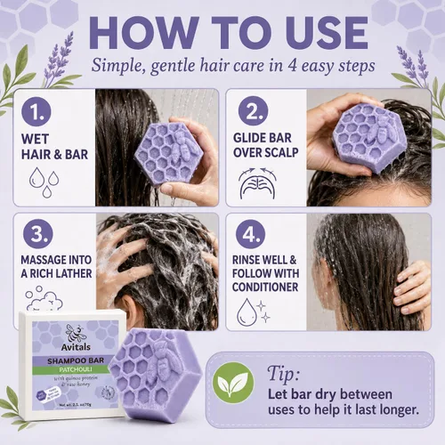 Miniatura 2 de Avital's Apiaries Barra de champú de pachulí para cabello seco y teñido sin sulfato sólido con proteína de quinua, pantenol y manteca de karité