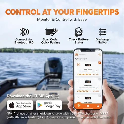 Miniatura 3 de LiTime Batería LiFePO4 de 36V 100Ah OBM Bluetooth con Protección a Baja Temperatura con Cargador de 43.8V 25A, BMS Integrado de 100A, Batería