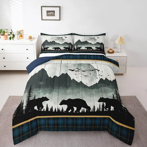 Juego de edredón de oso rústico tamaño individual para mujeres adultas, ropa de cama con estampado de oso salvaje y animales salvajes, relleno de