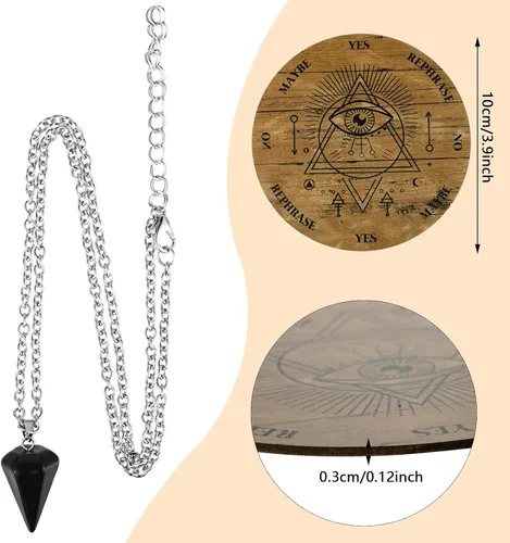 Miniatura 2 de Jetec Tablero de péndulo de madera para la radiestesia, adivinación, péndulo de brujería, suministros de altar con collar de cristal y kit