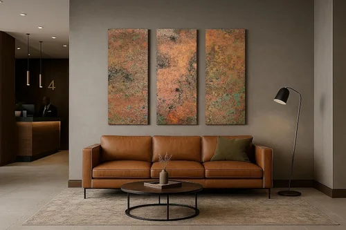 Miniatura 4 de Arte de pared de cobre real - Arte de metal de 3 paneles - Textura de pátina - Tríptico abstracto moderno - Decoración rústica hecha a mano