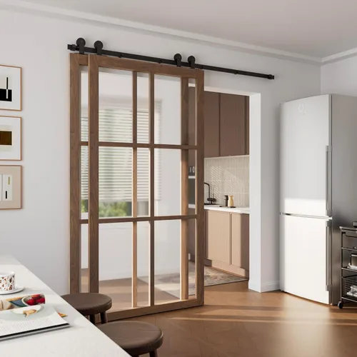 Miniatura 3 de CCJH Kit de herrajes para puerta corrediza de granero de 4 pies para 2 puertas, sistema de riel de un solo riel deslizante suavemente silencioso