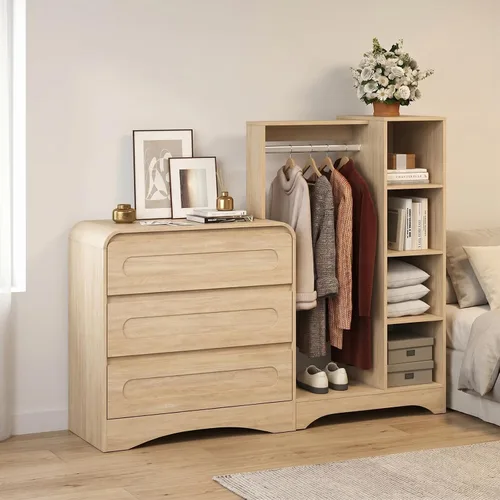 Miniatura 9 de Cómoda con perchero para colgar ropa, toboganes preinstalados para una instalación rápida, armario 3 en 1 con cajones y estantes para zapatos