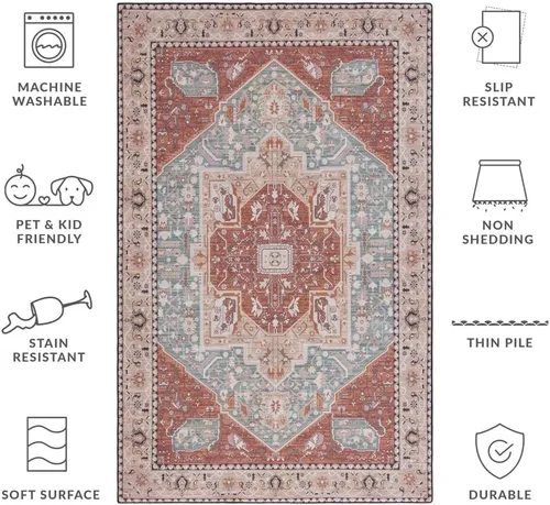 Miniatura 3 de SAFAVIEH Alfombra lavable Tucson Collection - 2 pies 6 pulgadas x 4 pies, aguamarina y óxido, antideslizante y fácil de limpiar, ideal para sala