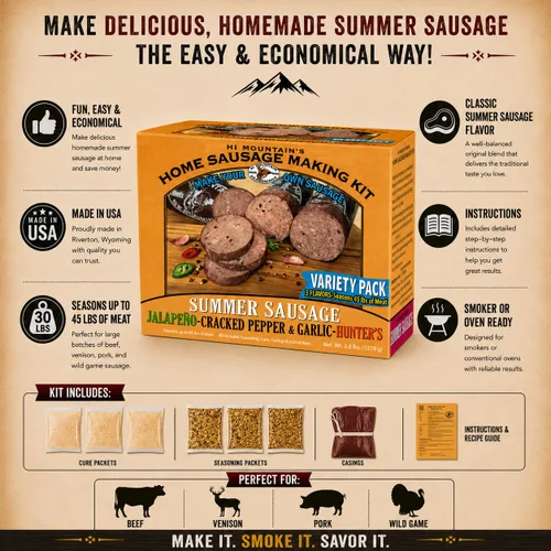Miniatura 3 de Kit de condimentos para salchicha de verano Hi Mountain PAQUETE VARIADO: JALAPEÑO, PIMIENTA NEGRA AGRIETADA Y AJO Y MEZCLA DE CAZADOR Incluye 15