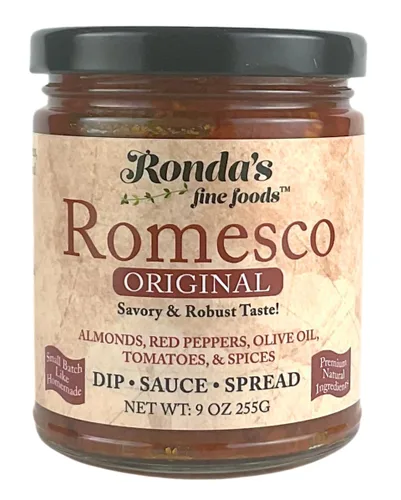 Romesco Dip, untable, cobertura y salsa – Romesco espeso, de lotes pequeños con almendras, aceite de oliva puro, pimientos rojos y tomate – Keto,