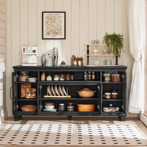 Miniatura 4 de SAVOR LIFE - Aparador grande negro con gabinete de buffet y almacenamiento, credenza vintage de casa de campo de 60" de ancho con puertas de vidrio