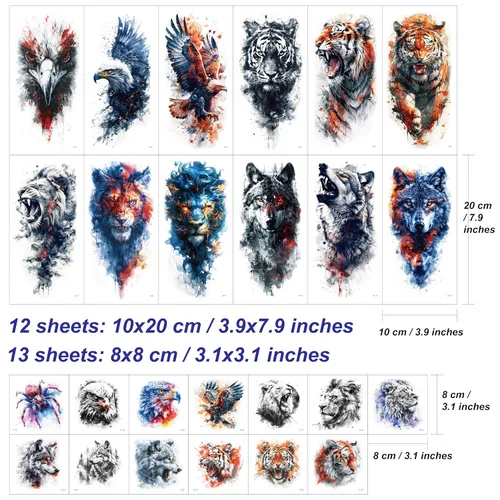 Miniatura 2 de Everjoy 25 hojas de calcomanías temporales de tatuajes de bestia dura, 12 hojas de tatuajes falsos de animales de acuarela de brazo grande, 13