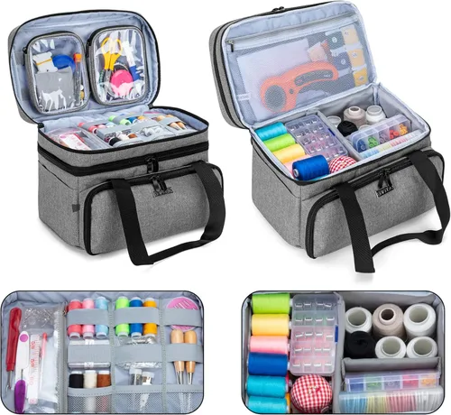 Miniatura 2 de BAFASO Organizador de accesorios de costura de doble capa con 2 bolsas desmontables, bolsa de almacenamiento grande para herramientas de costura Gris