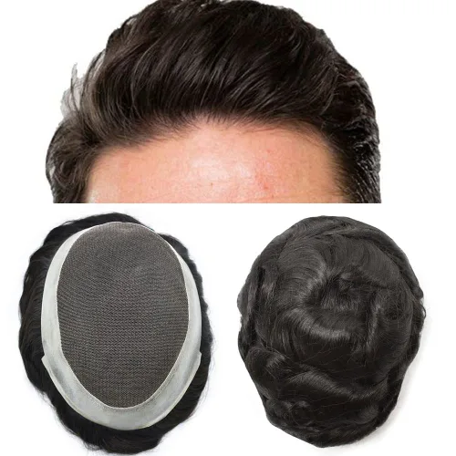 Toupee para hombres, centro de encaje francés, extensiones de cabello humano, sistema de reemplazo de encaje con piel fina, prótesis de cabello gris