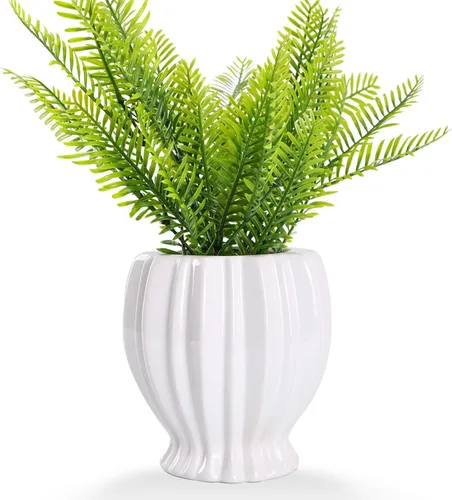 Miniatura 8 de VanEnjoy Florero decorativo de cerámica blanca de 6 pulgadas con diseño acanalado moderno de 6 pulgadas, flor de loto blanco