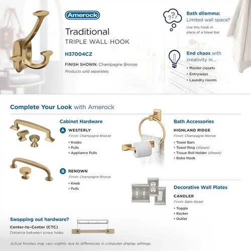 Miniatura 6 de Amerock H37004CZ Gancho de pared decorativo Vicinity de triple punta Gancho en bronce champán para abrigos, sombreros, mochilas, bolsos