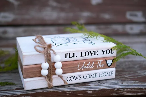 Miniatura 6 de LIVDUCOT Highland Cow Wood Book Stacks Decor – Letrero decorativo rústico de granja para el hogar, mesa de café, manto, chimenea, estantes – I'll