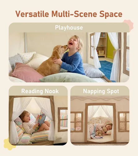 Miniatura 4 de Little Dove Tienda de campaña para niños con alfombra, luces de estrella, guirnalda de borlas, casa de juegos para niños con ventanas fáciles