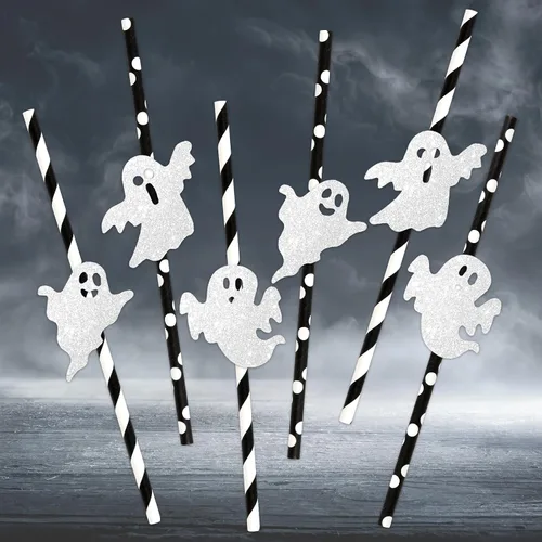 Whaline Pajitas de papel de fantasma de Halloween, pajitas desechables con fantasma, lindas y espeluznantes pajitas decorativas para dulce o truco,