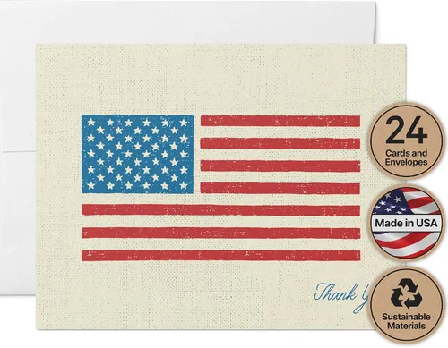 Miniatura 11 de Twigs Paper - Tarjetas de agradecimiento con la bandera estadounidense, tarjetas patrióticas estacionarias en blanco con sobres, tarjeta