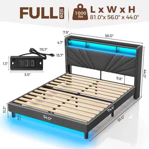 Miniatura 2 de Rolanstar Marco de cama tamaño completo, cabecera con almacenamiento con estación de carga y luces LED, cama tapizada con listones de madera Gris